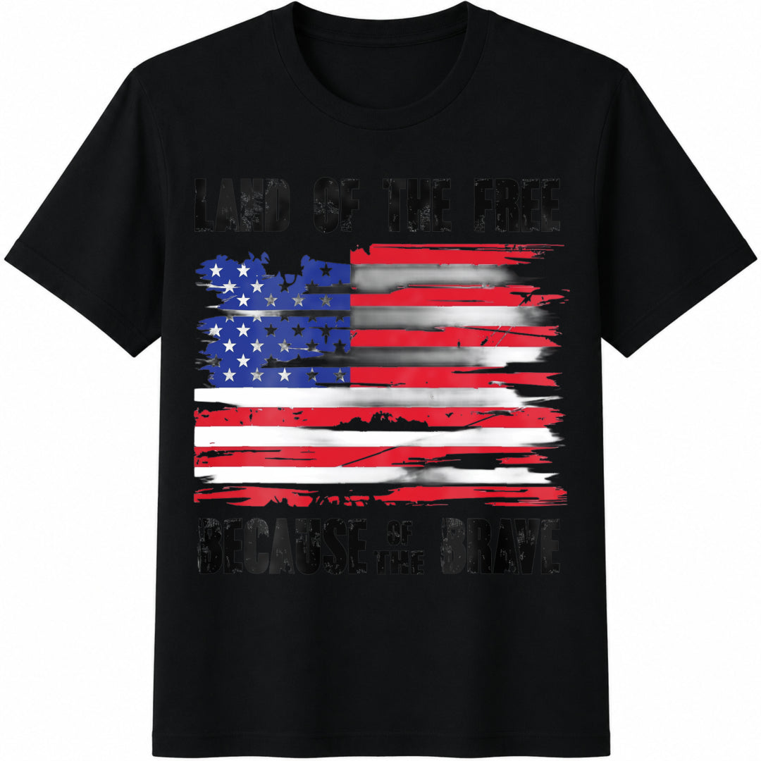 Land of the Free Because of the Brave American Flag Cotton T-Shirt in Black