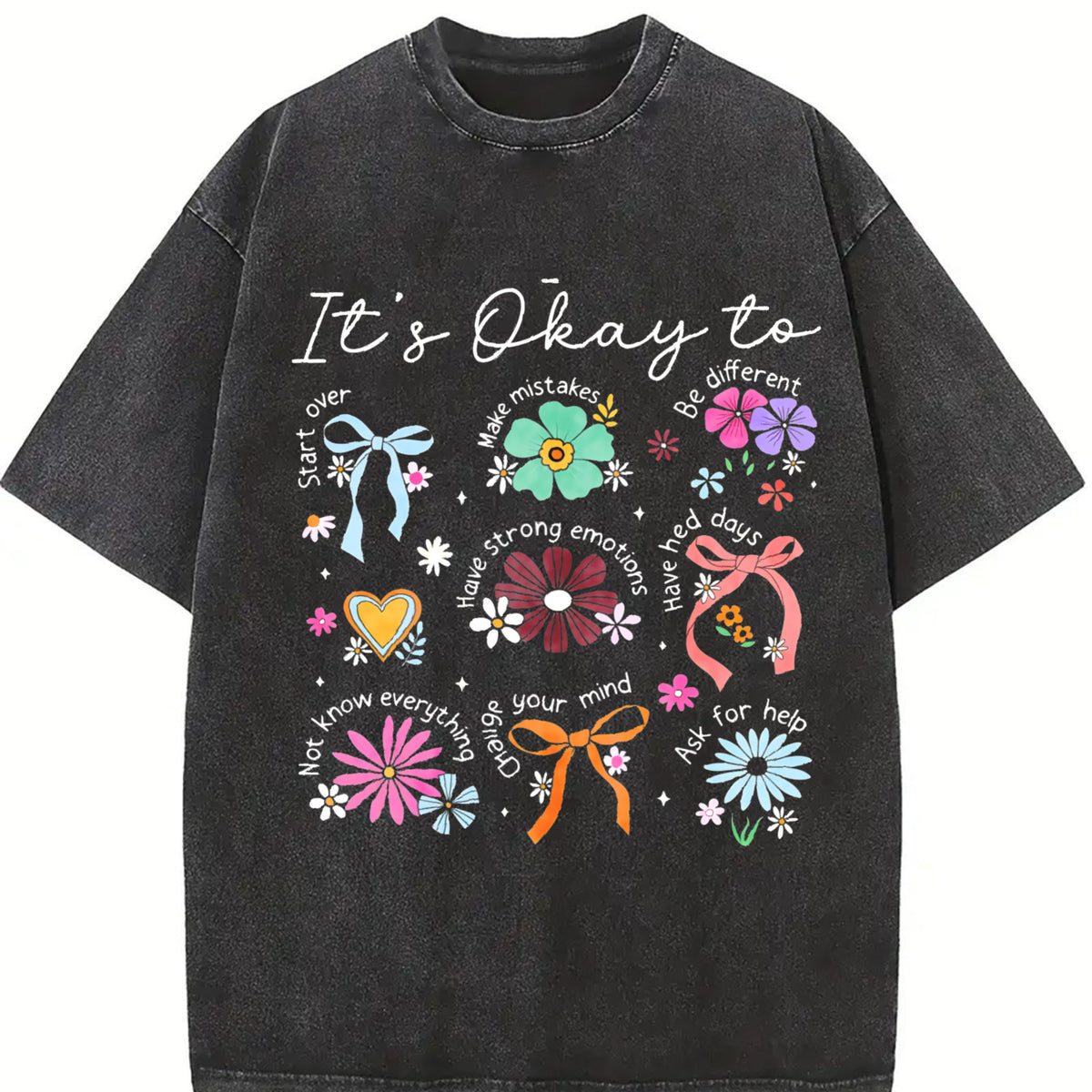 It's Okay to Boho Floral Vintage Washed T-Shirt in Black