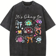 It's Okay to Boho Floral Vintage Washed T-Shirt in Black