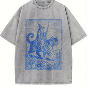 Wizard Cat Rider Retro Fantasy Vintage Washed T-Shirt in Gray