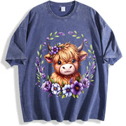 Baby Highland Cow With Purple Flowers Scottish Farm vintage washed oversized T-shirt in Blue