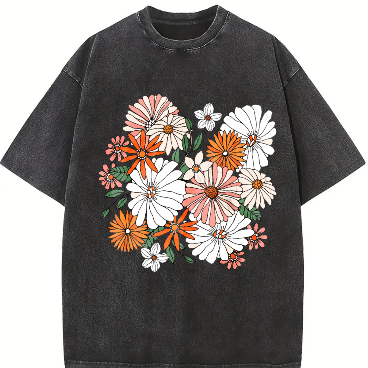 Boho Chic Wildflower Floral vintage washed oversized T-shirt in Black
