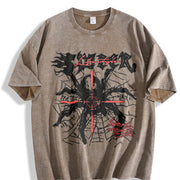 250gsm Retro Spider with Black & Red Gothic Vintage Washed T-Shirt in Brown
