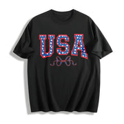 Embroidered USA Bow Coquette Cotton T-Shirt in Black
