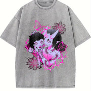 Japanese Demon Girl Gothic Sleeveless Tank Vintage Washed T-Shirt in Gray