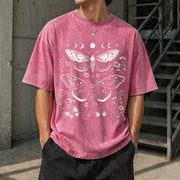 Moth Moon Retro Gothic Nature Vintage Washed T-Shirt in Red