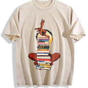 Premium Black Woman and Books Stack Afro Girl Book Lover Vintage Washed T-Shirt in Beige