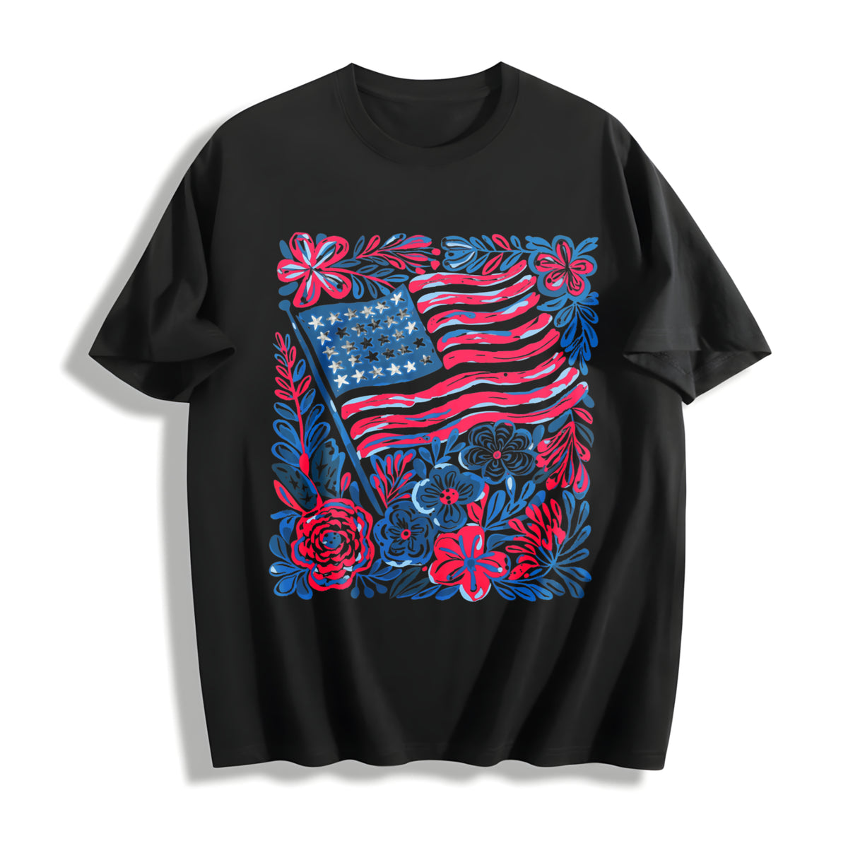 Boho American Flag Floral Cotton T-Shirt in Black