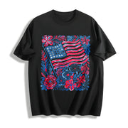 Boho American Flag Floral Cotton T-Shirt in Black