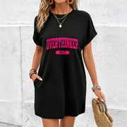 Off-shoulder Loose Long Dress with Pockets Cotton T-Shirt in Black