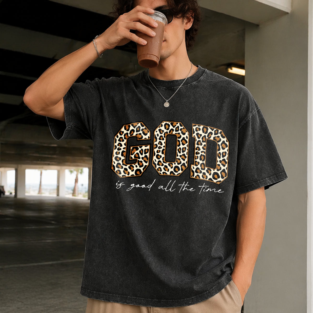 Leopard GOD Good Time Vintage Washed T-Shirt in Black
