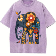 Bohemian Elephant with Vibrant Elephant & Floral Vintage Washed T-Shirt in Purple