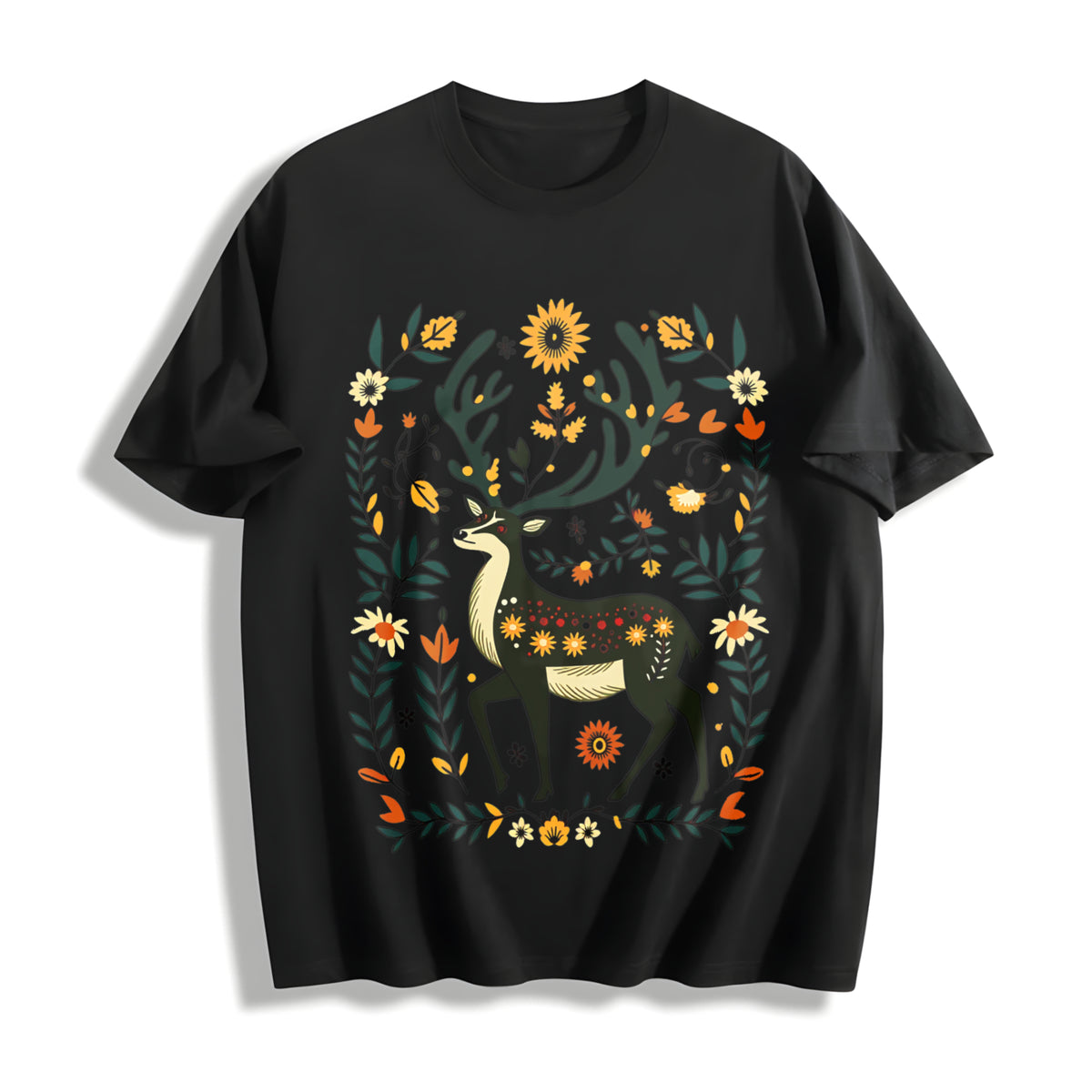 Bohemian Folk Art Vibrant Deer & Floral Cotton T-Shirt in Black