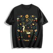 Bohemian Folk Art Vibrant Deer & Floral Cotton T-Shirt in Black