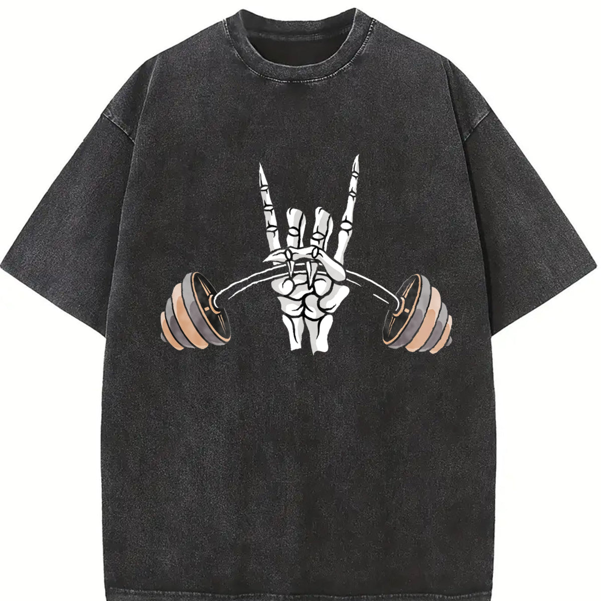 Skeleton Hand Lifting a Barbell Vintage Washed T-Shirt in Black