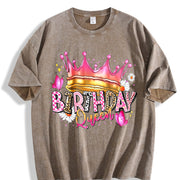 Birthday Queen Cartoon Spring/ Regular Length vintage washed oversized T-shirt in Brown