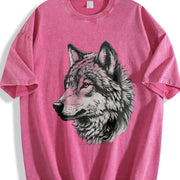 Retro Wolf Face Hand Drawing 90s Vintage Washed T-Shirt in Red