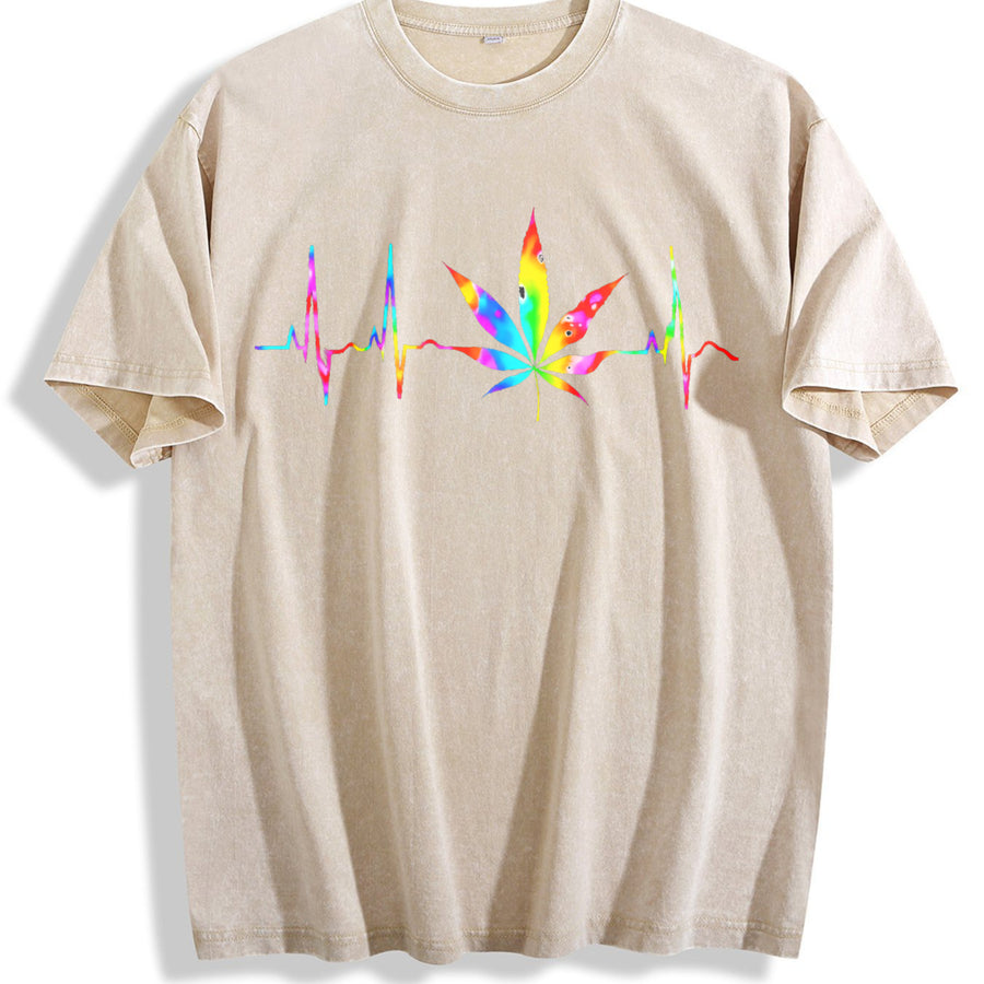 Weed Cannabis Marijuana Leaf Heartbeat Stoner Tie Dye vintage washed oversized T-shirt in Beige