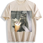 With Cat Coffee Cup in the Car Vintage Washed T-Shirt in Beige