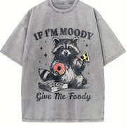 Retro Raccoon If I'm Moody Give Me Foody Vintage Washed T-Shirt in Gray