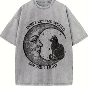 Don't Let the World Dim Your Light Moon and Cat Vintage Washed T-Shirt in Gray