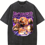 Bober Meme Beaver Retro Vintage Washed T-Shirt in Black