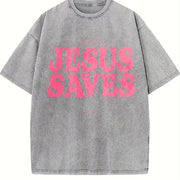 Jesus Saves Christian Gym Pump Cover vintage washed oversized T-shirt in Gray