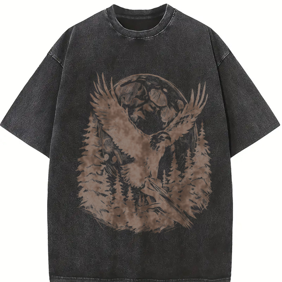 Retro 90s Eagle Moon Vintage Washed T-Shirt in Black