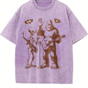 Retro Bigfoot and Alien with Electric Guitar Vintage Washed T-Shirt in Purple