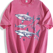 Shark 90s Tattoo Retro ® Y2k White Shark Ocean Vintage Washed T-Shirt in Red