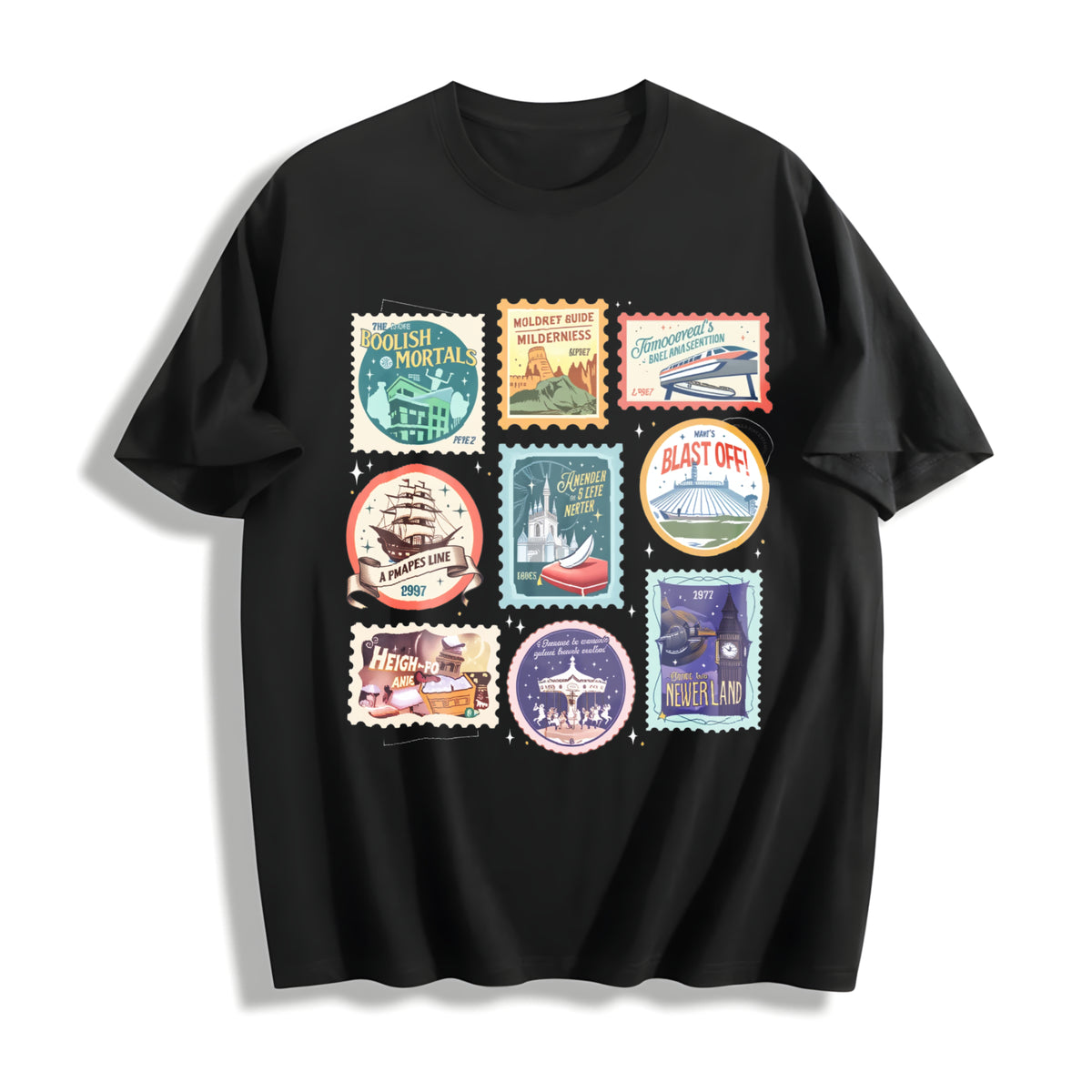 Theme Park Stamps Wildest Ride Happy Ever After Land Retro Cotton T-Shirt in Black