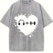 Headphones Dumbbell Heart Vintage Washed T-Shirt in Gray