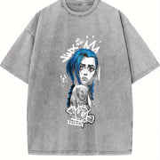 Retro Jinx x Powder Arcane: League of Legends Game vintage washed oversized T-shirt in Gray