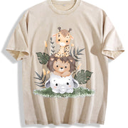 Giraffe Lion Vintage Washed T-Shirt in Beige