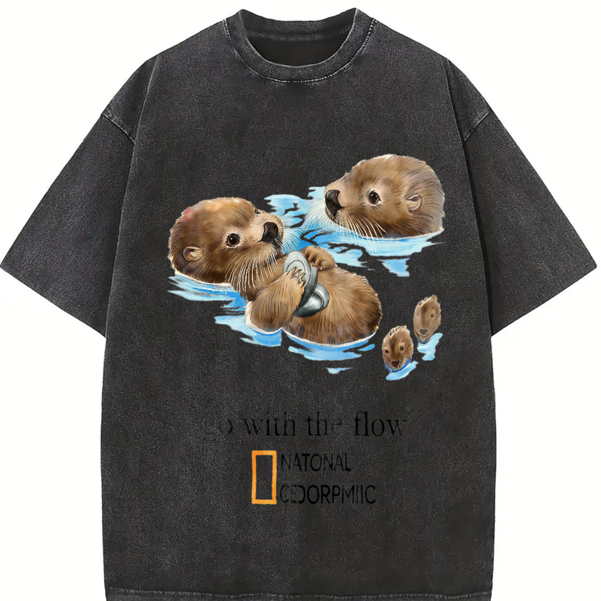 Otters Go with the Flow Vintage Washed T-Shirt in Black