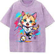 Cat Soccer Player Vintage Washed T-Shirt in Purple