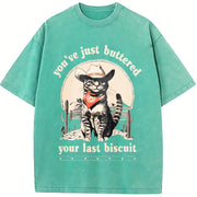 Cowboy Cat Retro Western Cat vintage washed oversized T-shirt in Blue