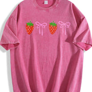 Strawberry Bow Embroidered Vintage Washed T-Shirt in Red