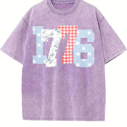 1776 Plaid Floral Star Number Vintage Washed T-Shirt in Purple