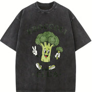 Broccoli Club Veggie Lover Retro Cartoon Vintage Washed T-Shirt in Black