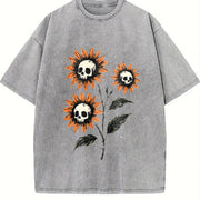 Skull Sunflowers Gothic Goth Creepy Cute Alt Grunge Y2K Vintage Washed T-Shirt in Gray