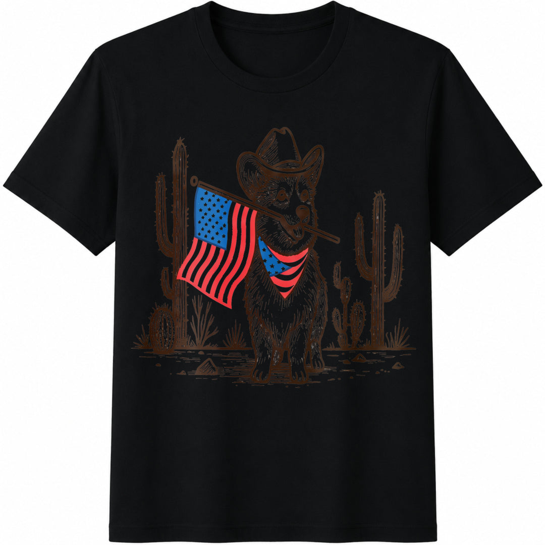 Corgi 4th of July Cowboy Dog Patriotic Cotton T-Shirt in Black