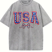 Embroidered USA Bow Coquette Vintage Washed T-Shirt in Gray