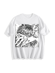 Cat Bite Japanese Horror Anime Cotton T-Shirt in White