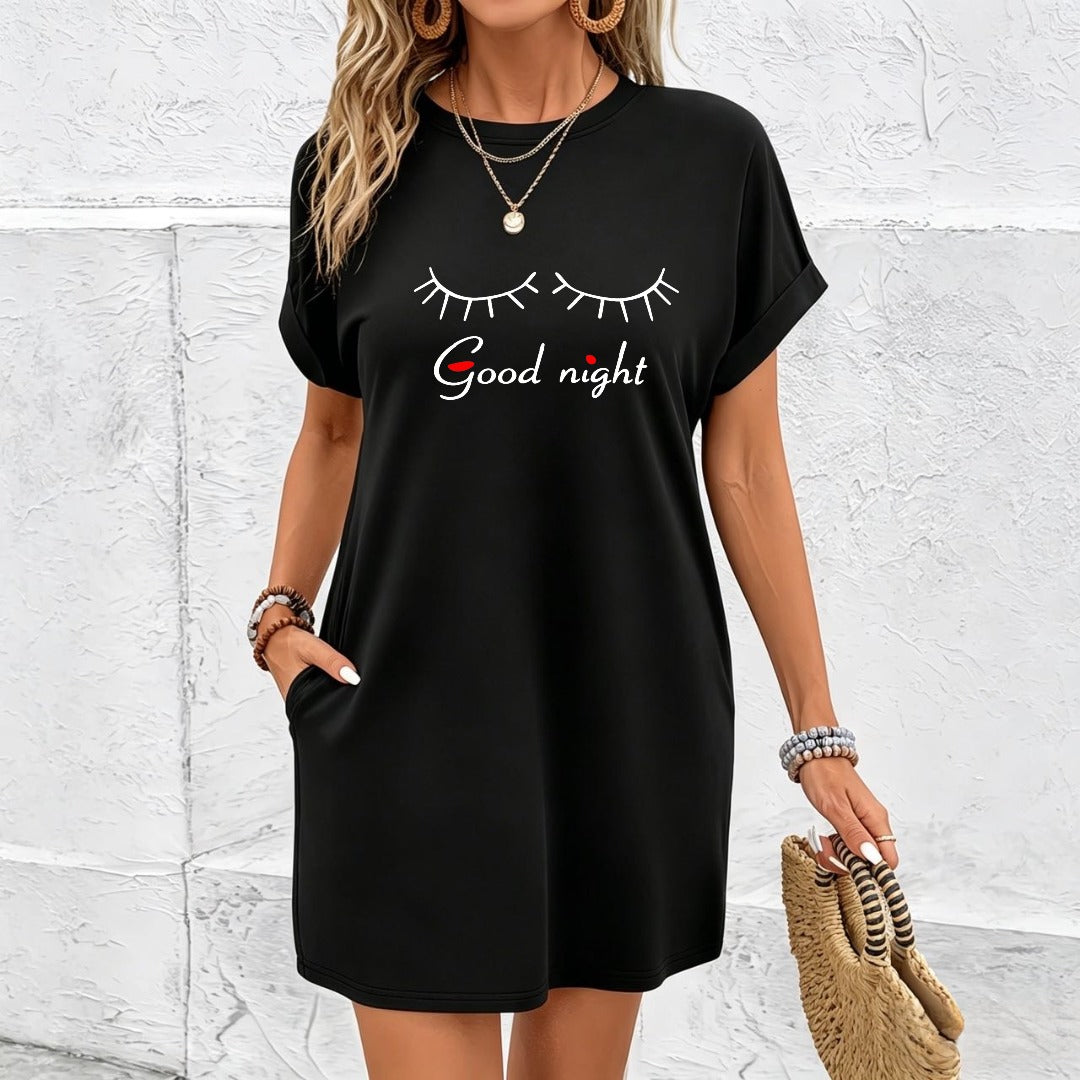 Short Length Letter & Heart Nightgown Cotton T-Shirt in Black
