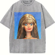 Brunette Glam Doll Portrait Vintage Washed T-Shirt in Gray