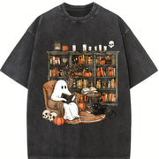 Retro Ghost Reading Books Vintage Washed T-Shirt in Black