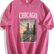 Chicago Illinois Windy City Travel Souvenir Urban Skyline Vintage Washed T-Shirt in Red