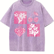 Pink Cherry and Fruit Vintage Washed T-Shirt in Purple