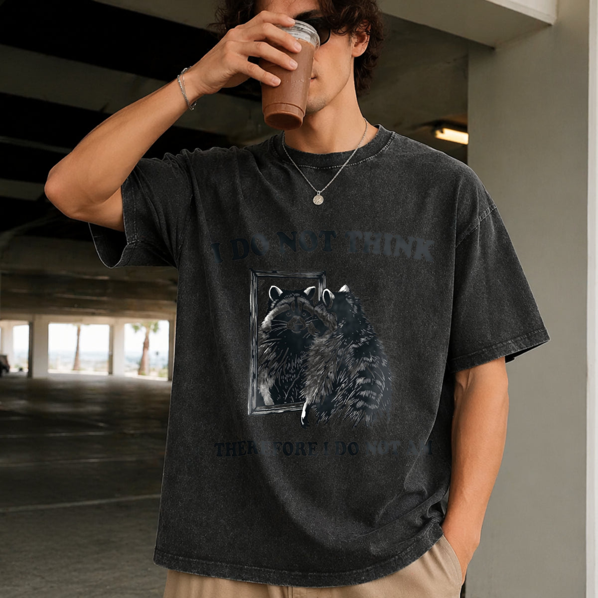 I Do Not Think Raccoon Vintage Washed T-Shirt in Black